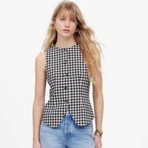 Madewell | Black & White Gingham Single-Breasted Crewneck Cut-away Vest | Size 8